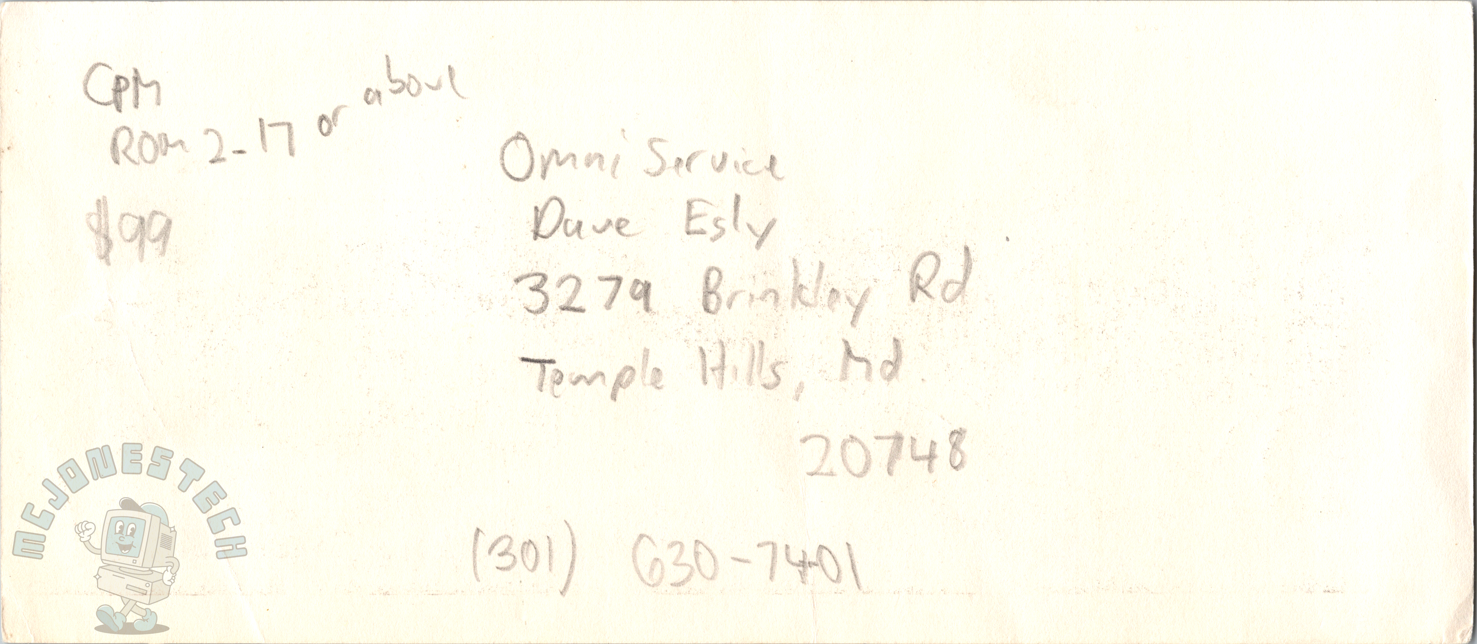 Omni Service's address scribbled on the back of a dealer sheet, with Dave Egli's name.